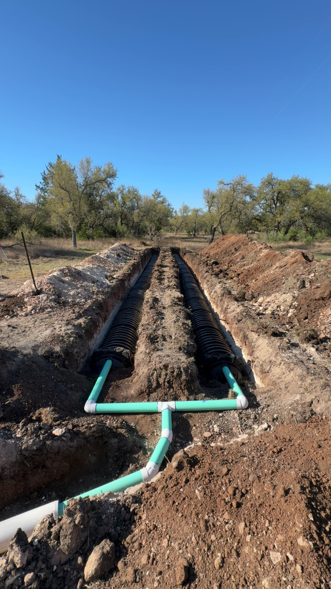 Chambered drain field laterals with green PVC manifold before backfill