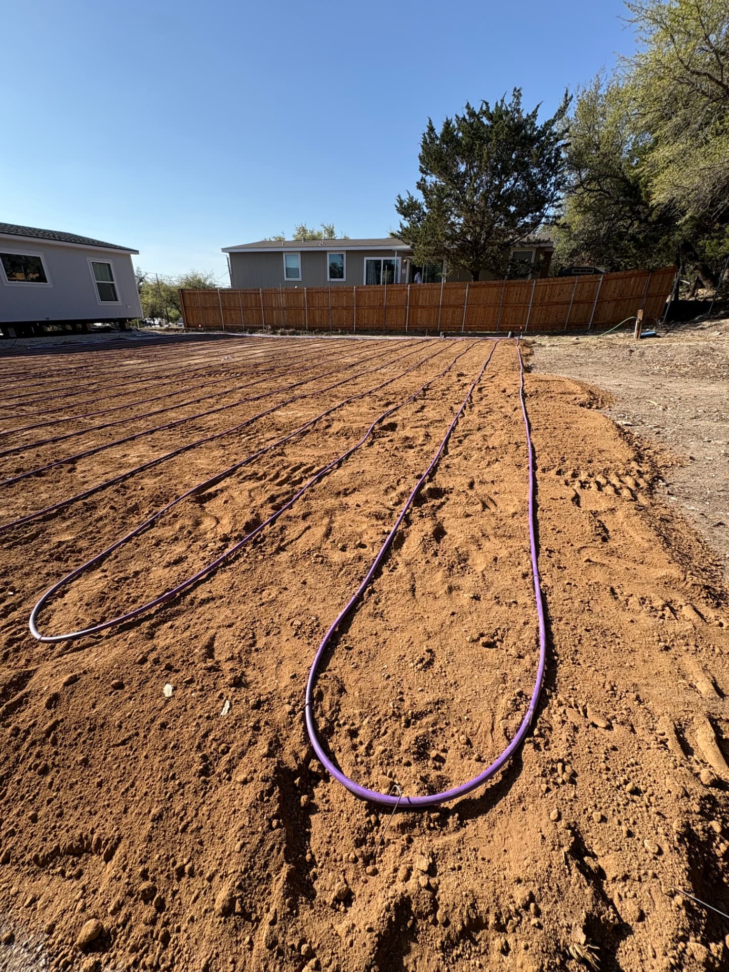 Purple drip irrigation tubing laid across a prepared dispersal field